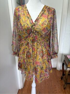 Anthropologie Mustard Yellow Floral V-Neck Smocked Tunic